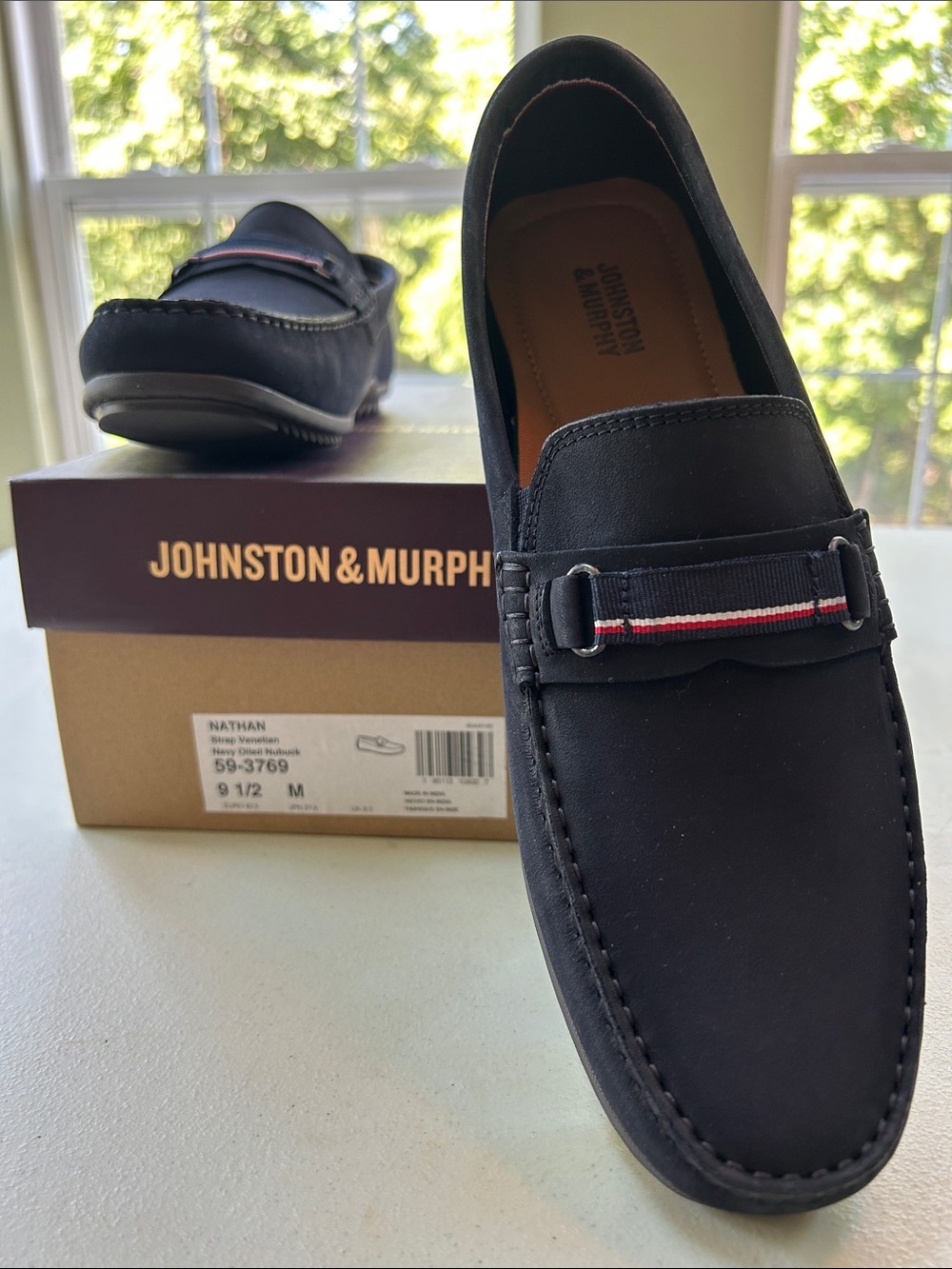 Johnston & Murphy Nathan Strap Venetian Navy Nubuck with Red-White Trim